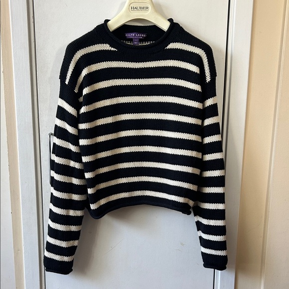 Ralph Lauren Sweaters - Ralph Lauren Purple Label Black and Cream Striped Crewneck Sweater L / M